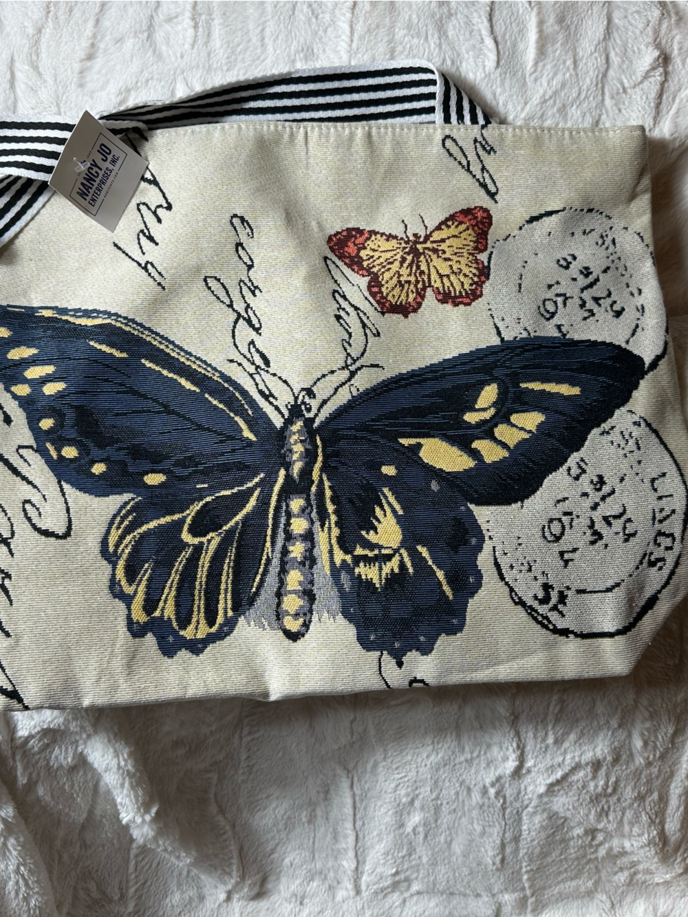 Vintage Nancy Jo Enterprises Butterfly Tapestry Tote Bag – Striped Handles NWT